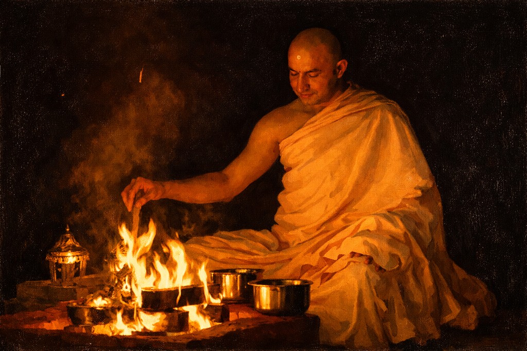 Om Swami performing the sacred fire ritual